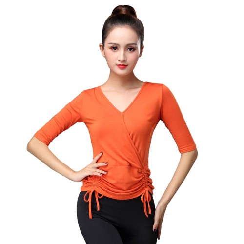Women latin ballroom dance tops orange black short sleeves gymnastics stage performance tango dancing blouse shirts